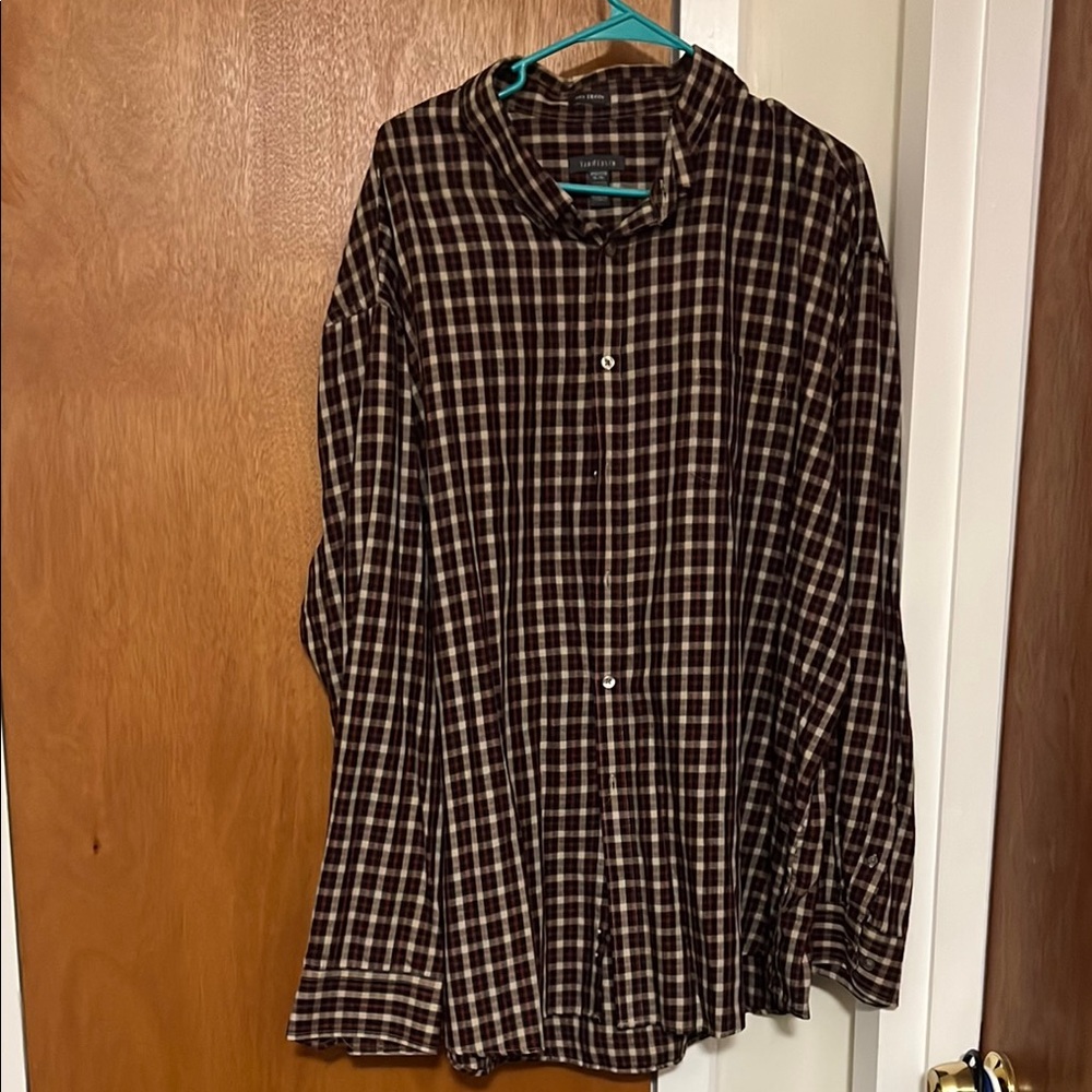 Van Heusen Men's Black and Cream Checkered Shirt with Red Acent